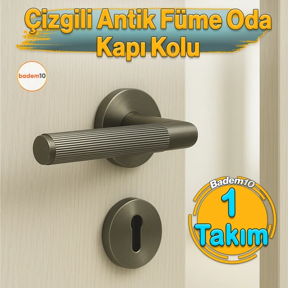Çizgili Antik Füme Oda Tipi Kapı Kolu Rozetli Sağ Sol Uygun Modern İç Kapı Kilitlenebilir 1 Takım ürün görseli 1