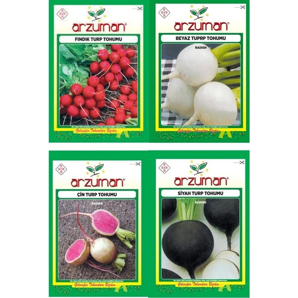 Arzuman Turp Tohum Seti 4 Çeşit 40 Gr. ( Fındık Turp - Beyaz Turp - Çin Turp - Siyah Turp ) ürün görseli 1