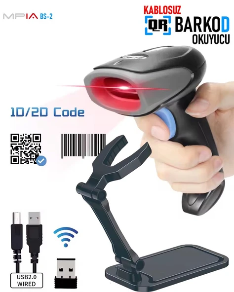 Mpia BS-2 Taşınabilir 2D/1D QR ve Barkod Okuyucu – USB & Kablosuz – QR & Barkod Tarayıcı POS Depo Mağaza ürün görseli 1