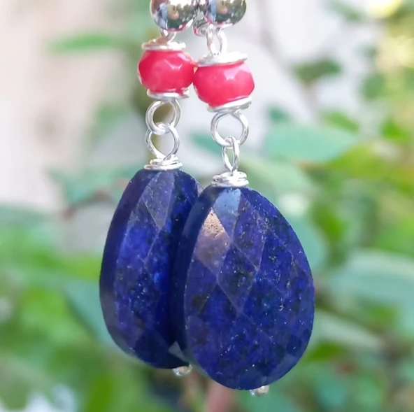 2253 Lapislazuli el yapımı küpe - Resim 3
