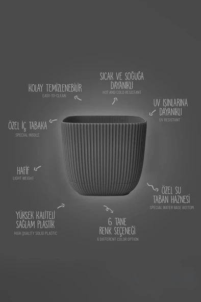 Omnipazar KRS-384 Dekoratif Plastik Mercan Kare Saksı 4 litre Antrasit 6 Adet - Resim 5