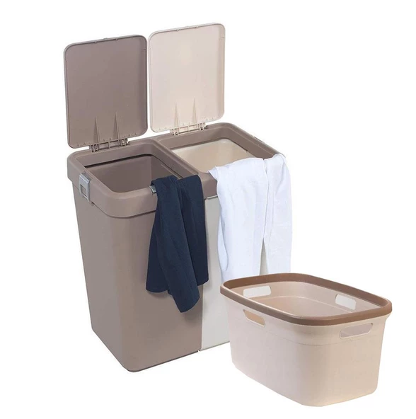 Motek 80 Litre Kirli Çamaşır Sepeti Çamaşır Selesi İkili Çeyiz Seti Kahve Krem ürün görseli 1