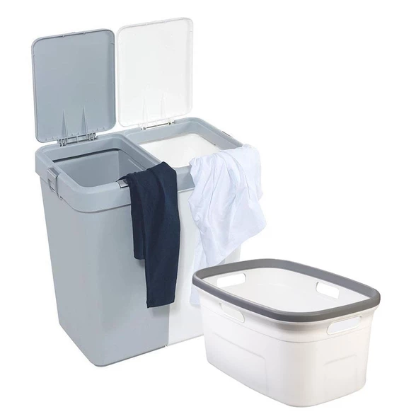 Motek 80 Litre Kirli Çamaşır Sepeti Çamaşır Selesi İkili Çeyiz Seti Gri Beyaz ürün görseli 1