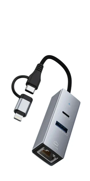 3 Portlu Ağ ve Veri Adaptörü: RJ45 LAN + USB 3.0 + Type-C Girişli | Metal Kasa ürün görseli 1