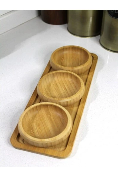 3 Lü Altlıklı Bambu Ağacından Bambu - Çerezlik - Sosluk- Lokumluk - Reçellik - Kahvaltılık ürün görseli 1