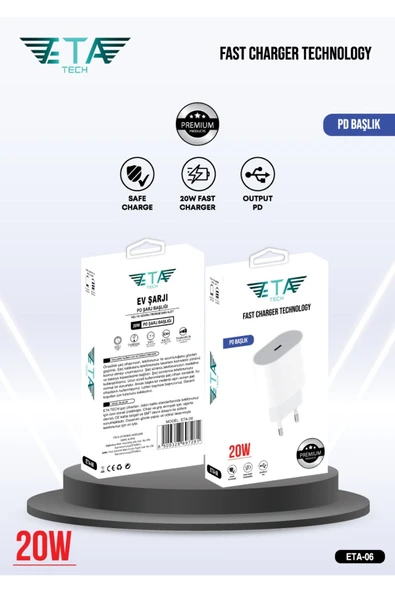 Eta Tech Usb-C Hızlı Şarj Adaptörü Apple iPhone 11-12-13 Apple iPhone 14 iPhone 15 Uyumlu Hızlı Şarj 20 Watt ürün görseli 1