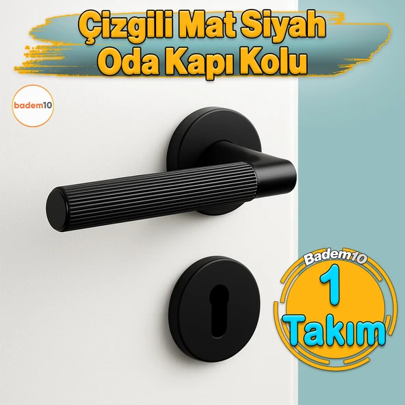 Çizgili Mat Siyah Oda Tipi Kapı Kolu Rozetli Sağ Sol Uygun Modern İç Kapı Kilitli 1 Takım ürün görseli 1