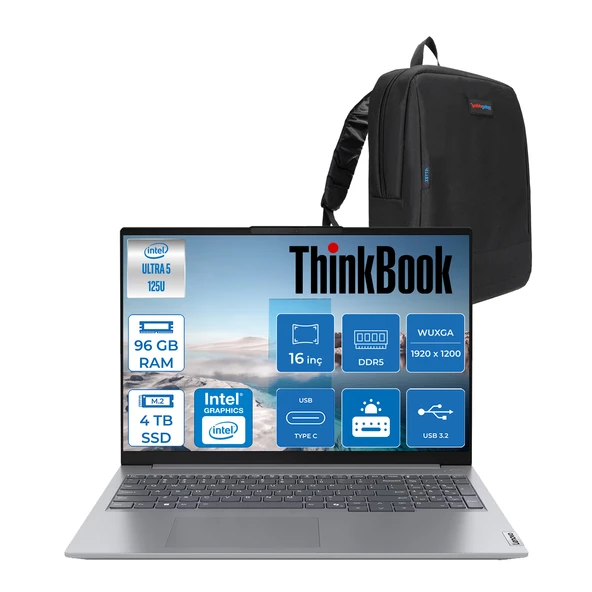 Lenovo Thinkbook 16 G7 Iml Intel Ultra 5 125U 96GB Ddr5 4tb SSD Intel® Aı Boost 16" Wuxga 300NITS IPS Freedos Taşınabilir Bilgisayar 21MS005KTRF40 + Zetta Çanta ürün görseli 1