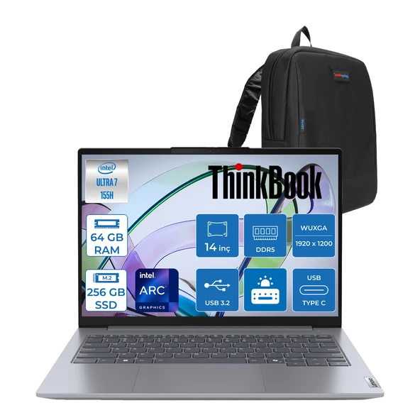 Lenovo Thinkbook 14 G7 Iml Intel Ultra 7 155H 64GB Ddr5 256GB SSD Intel® Aı Boost 14" Wuxga 300NITS IPS Freedos Taşınabilir Bilgisayar 21MR0050TRF26 + Zetta Çanta ürün görseli 1