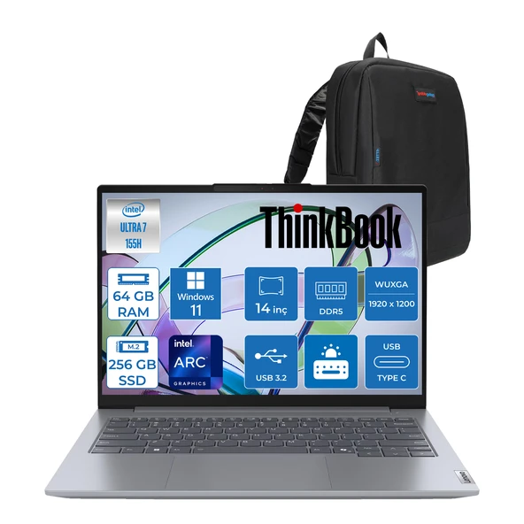 Lenovo Thinkbook 14 G7 Iml Intel Ultra 7 155H 64GB Ddr5 256GB SSD Intel® Aı Boost 14" Wuxga 300NITS IPS Windows 11 Pro Taşınabilir Bilgisayar 21MR0050TRP26 + Zetta Çanta ürün görseli 1