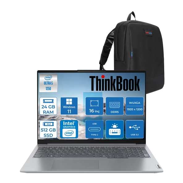 Lenovo Thinkbook 16 G7 Iml Intel Ultra 5 125U 24GB Ddr5 512GB SSD Intel® Aı Boost 16" Wuxga 300NITS IPS Windows 11 Pro Taşınabilir Bilgisayar 21MS005KTRP07 + Zetta Çanta ürün görseli 1