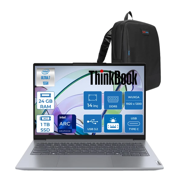 Lenovo Thinkbook 14 G7 Iml Intel Ultra 7 155H 24GB Ddr5 1tb SSD Intel® Aı Boost 14" Wuxga 300NITS IPS Freedos Taşınabilir Bilgisayar 21MR0050TRF08 + Zetta Çanta ürün görseli 1