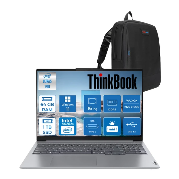 Lenovo Thinkbook 16 G7 Iml Intel Ultra 5 125U 64GB Ddr5 1tb SSD Intel® Aı Boost 16" Wuxga 300NITS IPS Windows 11 Home Taşınabilir Bilgisayar 21MS005KTRH28 + Zetta Çanta ürün görseli 1