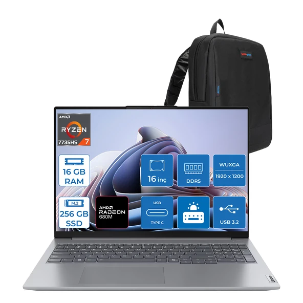 Lenovo Thinkbook 16 G7 Arp Amd Ryzen 7 7735HS 16GB Ddr5 256GB SSD Radeon 680M Graphics 16" Wuxga 300NITS IPS Freedos Taşınabilir Bilgisayar 21MW002CTRF01 + Zetta Çanta ürün görseli 1