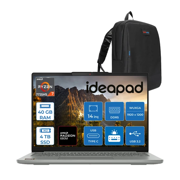 Lenovo Ideapad Slim 5 Amd Ryzen 7 7735HS 40GB Ddr5 4tb SSD Amd Radeon™ 680M Freedos 14" Wuxga IPS Taşınabilir Bilgisayar IDS14ARP10F16 + Zettaçanta ürün görseli 1