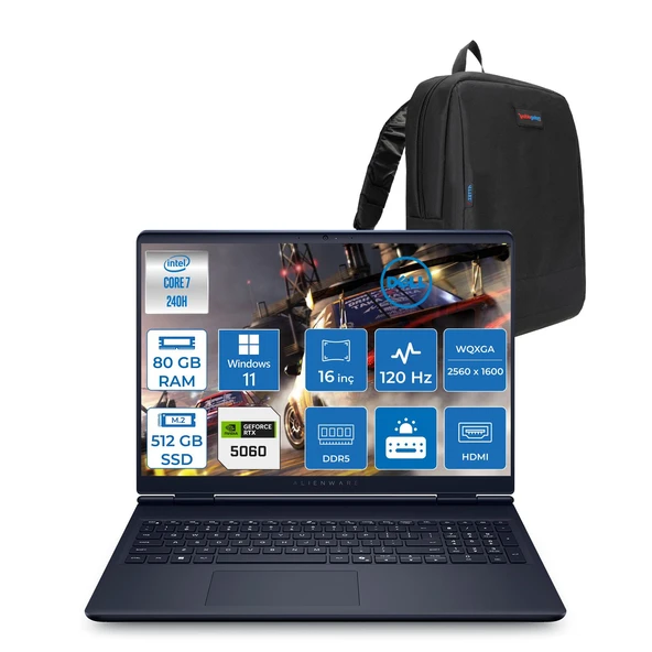 Dell Alienware 16 Aurora Intel Core Ultra 7 240H 80GB Ddr5 512GB SSD Windows 11 Pro 8gb RTX5060 16 Inç 2K(2560×1600) Wqxga 120Hz Wva Taşınabilir Bilgisayar AC16250C716156WP44 + Zetta Çanta ürün görseli 1