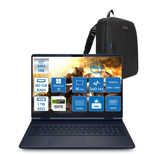 Dell Alienware 16X Aurora Intel Core Ultra 9 275HX 80GB Ddr5 1tb SSD Windows 11 Home 8gb RTX5070 16 Inç 2K(2560×1600) Wqxga 240Hz 3ms Wva Taşınabilir Bilgisayar AC16251CU932157WH45 + Zetta Çanta ürün görseli 1