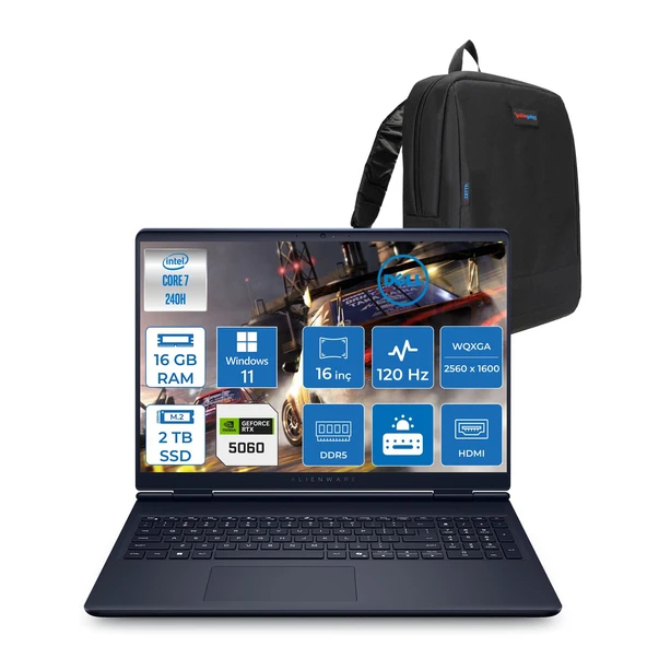 Dell Alienware 16 Aurora Intel Core Ultra 7 240H 16GB Ddr5 2tb SSD Windows 11 Pro 8gb RTX5060 16 Inç 2K(2560×1600) Wqxga 120Hz Wva Taşınabilir Bilgisayar AC16250C716156WP04 + Zetta Çanta ürün görseli 1