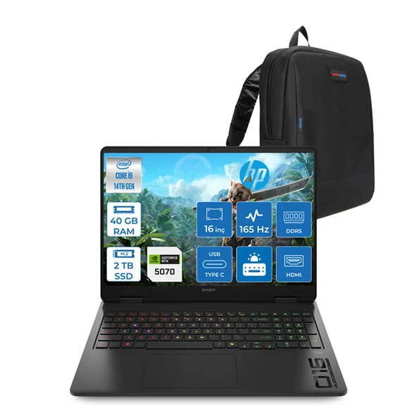 Hp Omen Intel Core I9 14900HX 40GB Ddr5 2tb SSD 8GB/RTX5070 16" Wuxga 165Hz 400NIT SRGB Freedos Taşınabilir Bilgisayar 16AM0001NTF15 + Zettaçanta ürün görseli 1