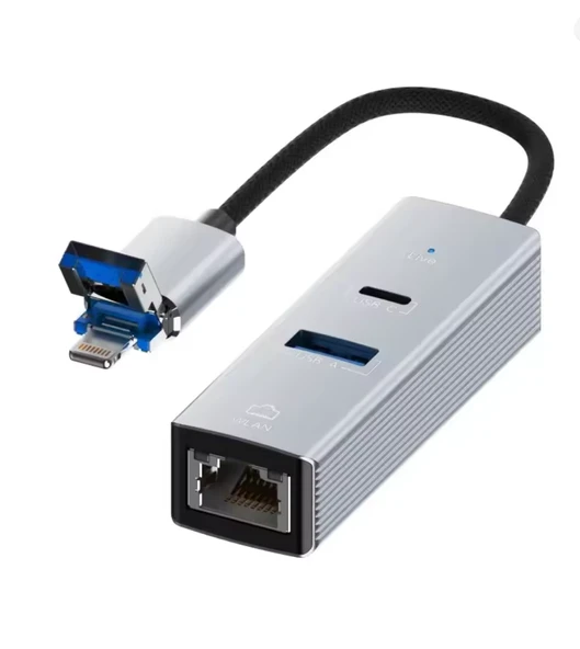 USB + Lightning Girişli LAN Adaptör | USB 3.0 Çoklayıcı + Type-C OTG ürün görseli 1