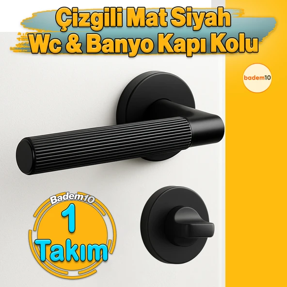 Çizgili Mat Siyah Wc Banyo Tipi Kapı Kolu Rozetli Sağ Sol Uygun Modern İç Kapı Kilitli 1 Takım ürün görseli 1