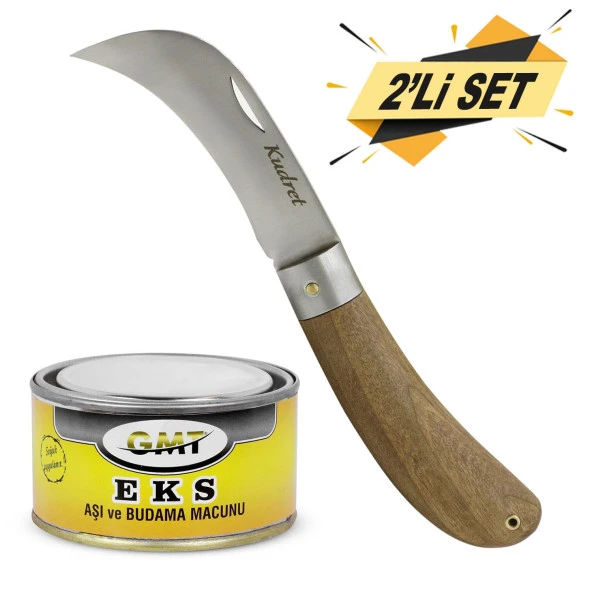 Kudret Aşı Bıçağı Eğri Uçlu Bağ Bıçağı Ara Çakı 21 cm + Aşı Macunu (2Li SET) ürün görseli 1