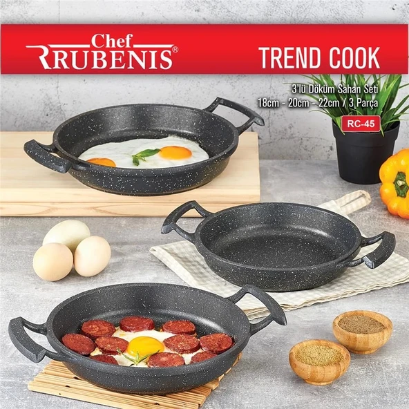 CHEF RUBENIS TREND COOK 3 LÜ DÖKÜM SAHAN SETİ 18CM-20CM-22CM SİYAH KIRÇILLI RC-45 ürün görseli 1