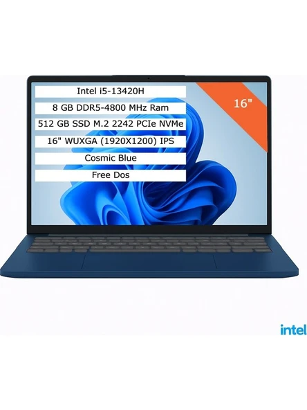 Lenovo Ideapad Slim 3 Intel Core I5-13420H 8gb 512GB SSD 16" Wuxga (1920X1200) IPS Panel Freedos Taşınabilir Bilgisayar 83K2001RTR ürün görseli 1