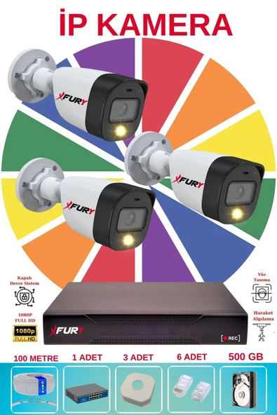 FURY 3 Lü Ip Güvenlik Kamera Seti Sesli 4mp Gece Renkli Su Geçirmez 5515s 500GB ürün görseli 1