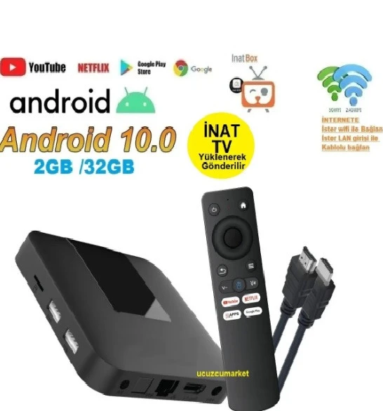 Android 10 Tv Box 2GB/32GB ( Inat Tv Yüklenerek Gönderilecektir ) ürün görseli 1