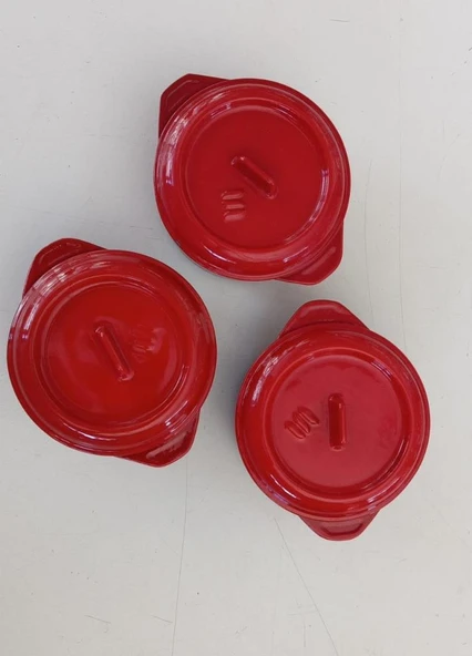 SÜREL DÖKÜM 12 CM 3 LÜ YUVARLAK SET GÜVEÇ TENCERE KIRMIZI ürün görseli 1