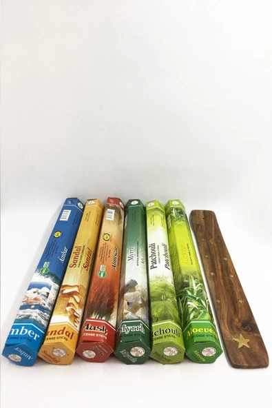 Flute Tütsü 6 Çeşit Amber, Sandal, Misk, Mür, Paçuli, Aloevera 120 Tütsü Çubuğu Ve Ahşap Tütsü Kayığı ürün görseli 1