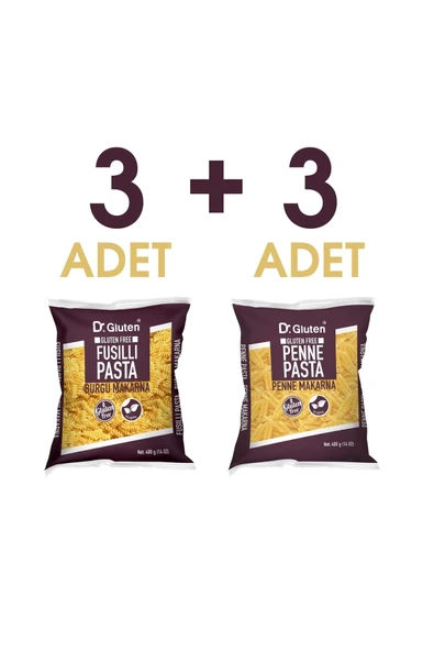 Dr.Gluten Glutensiz Burgu & Boru Makarna 6' lı Set 400 Gr  3 + 3 ADET (Fusilli & Penne) ürün görseli 1