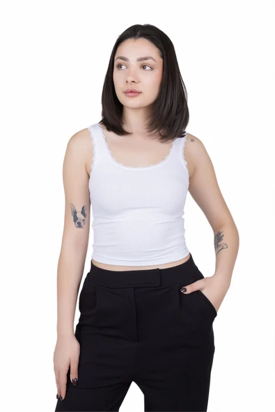 Looksense Kadın Kaşkorse Dantelli Kalın Askılı Crop 4004 ürün görseli 1