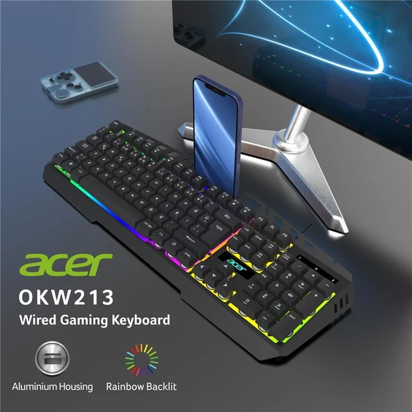 Acer OKW213 Siyah RGB Rainbow Backlit Gaming Keyboard Rainbow (Kablo Uzunluğu 1,5mt) ürün görseli 1