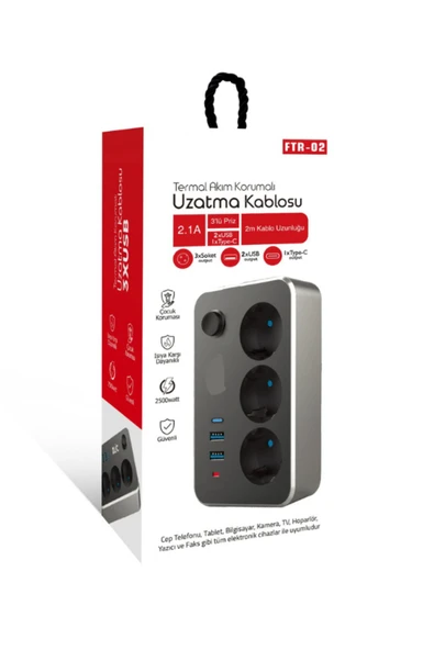 ATAsoft ELEKTRONİK Since 2021 Termal Akım Korumalı Isıya Karşı Dayanıklı 3'lü Priz 3 x USB 2 mt Kablo Ftr-02 ürün görseli 1
