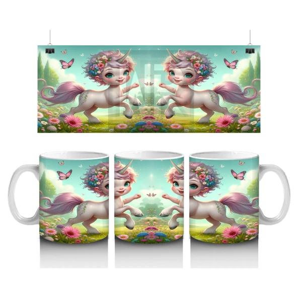 Çocuklara Sütü Sevdiren Çiçekli Taçlı Sevimli Unicorn Desenli Kupa Bardak ürün görseli 1