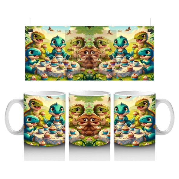 Çocuklara Sütü Sevdiren Cupcake Partisi Yapan Sevimli Dinozorlar Desenli Kupa Bardak ürün görseli 1