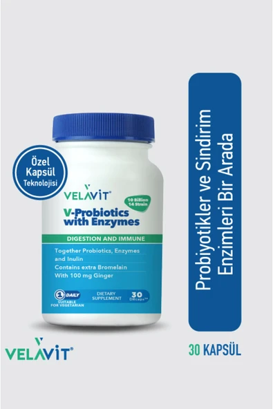 Velavit V-Probiotics with Enzymes Takviye Edici Gıda 30 Kapsül ürün görseli 1
