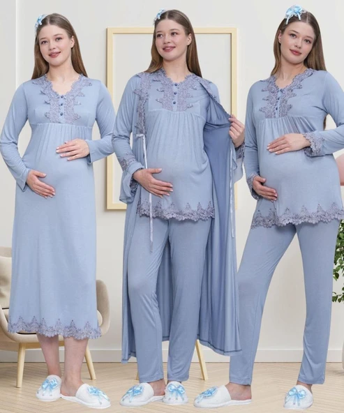 Mecit 1519 Bayan Hamile Lohusa Mavi Sabahlık Gecelik Pijama Seti ürün görseli 1
