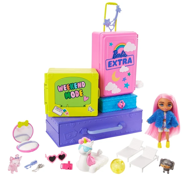 Barbie Extra Mini ve Hayvan Dostları'nın Seyahat Maceraları Oyun Seti, 2 Yavru Köpek ve Barbie Extra Mini Bebek, Havuz, Kaydırak, Parti Salonu ve Aksesuarlar, 3 Yaş ve Üzeri HDY91 ürün görseli 1