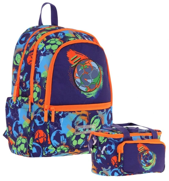 Kaukko Kids Erkek Çocuk Okul Çantası ve Isı Yalıtımlı Beslenme Çantası Seti (L5269+L7269) Futbol Topu Baskılı - Lacivert Turuncu ürün görseli 1