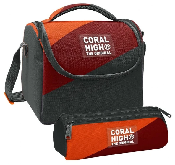Coral High Erkek Çocuk Turuncu Bordo Gri Renkli Thermo Beslenme Çantası ve Üç Bölmeli Kalem Çantası Seti ürün görseli 1