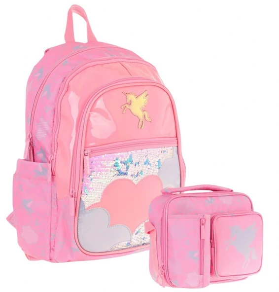 Kaukko Kids Pullu Bulut Desenli, Kız Çocuk Pembe Okul Çantası + Beslenme Çantası Seti (L5218+L7218) ürün görseli 1