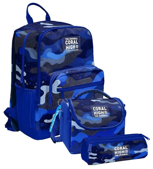 Coral High İlkokul ve Ortaokul Okul Çanta Üçlüsü - Erkek Çocuk, Mavi Lacivert Kamuflaj ürün görseli 1