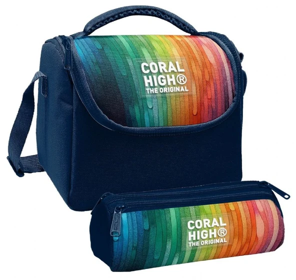 Coral High Erkek Çocuk Lacivert Çok Renkli Çizgi Desenli Thermo Beslenme Çantası ve Üç Bölmeli Kalem Çantası Seti ürün görseli 1