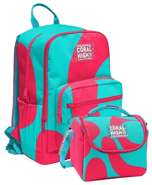 Coral High İlkokul ve Ortaokul Sırt Çantası ve Beslenme Seti - Kız Çocuklar İçin Kırmızı Turkuaz Renkli Çizgili ürün görseli 1