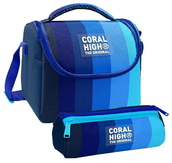 Coral High Erkek Çocuk Lacivert Mavi Renk Geçişli Çizgili Thermo Beslenme Çantası ve Üç Bölmeli Kalem Çantası Seti ürün görseli 1