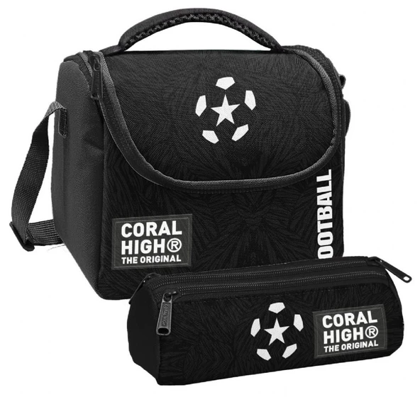Coral High Erkek Çocuk Siyah Beyaz Futbol Thermo Beslenme Çantası ve Üç Bölmeli Kalem Çantası Seti ürün görseli 1
