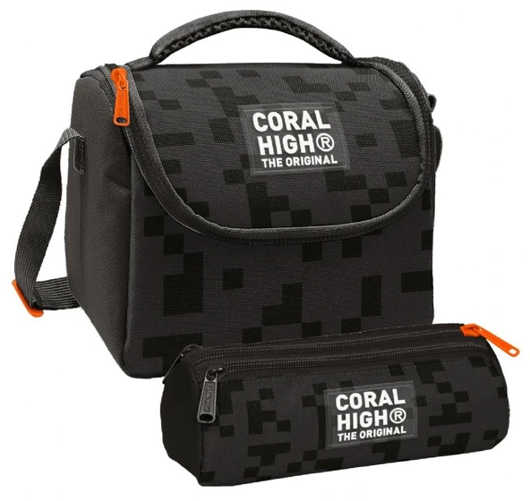 Coral High Erkek Çocuk Siyah Blok Desenli Thermo Beslenme Çantası ve Üç Bölmeli Kalem Çantası Seti ürün görseli 1